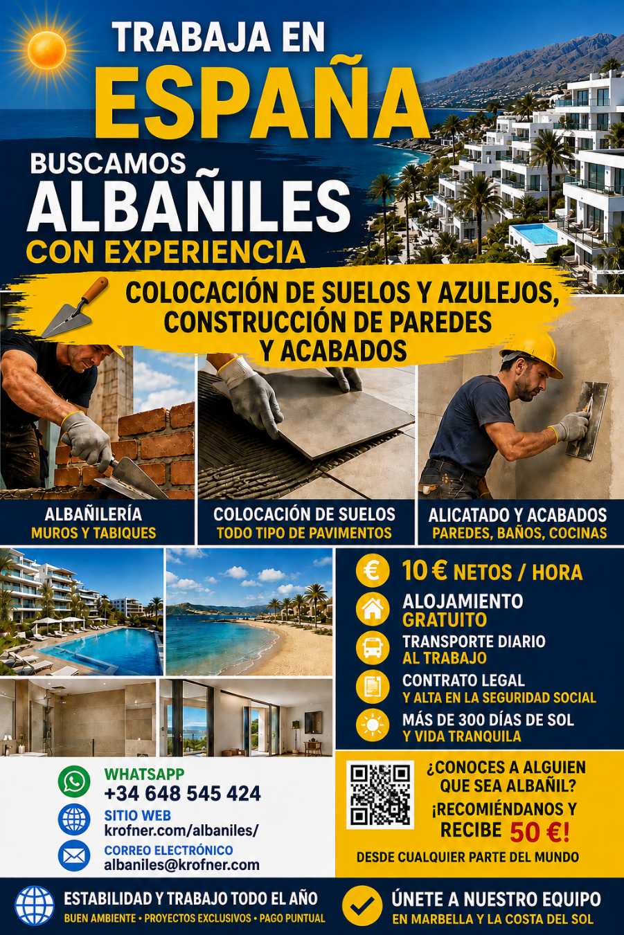 Cartel de la oferta de trabajo para albañiles en España